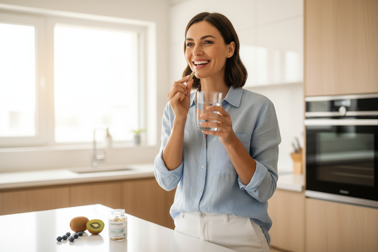 compléments  alimentaire formulés avec soin, image d'une femme consommant un complément alimentaire avec le sourire